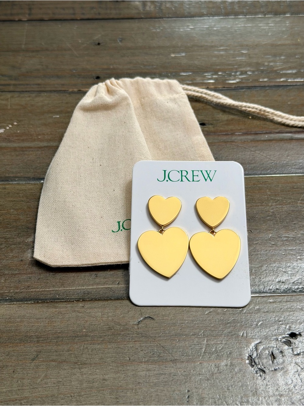 NWT J.Crew Gold Double Heart Drop Earrings Statement Dangle CN642